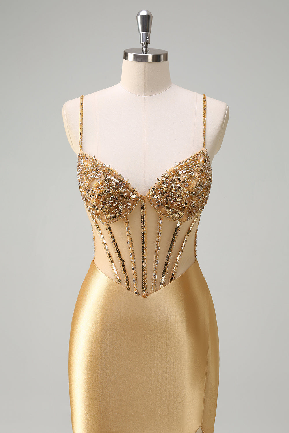 Metallic Long Corset Prom Dress with Golden Mermaid Spaghetti Straps and Beading