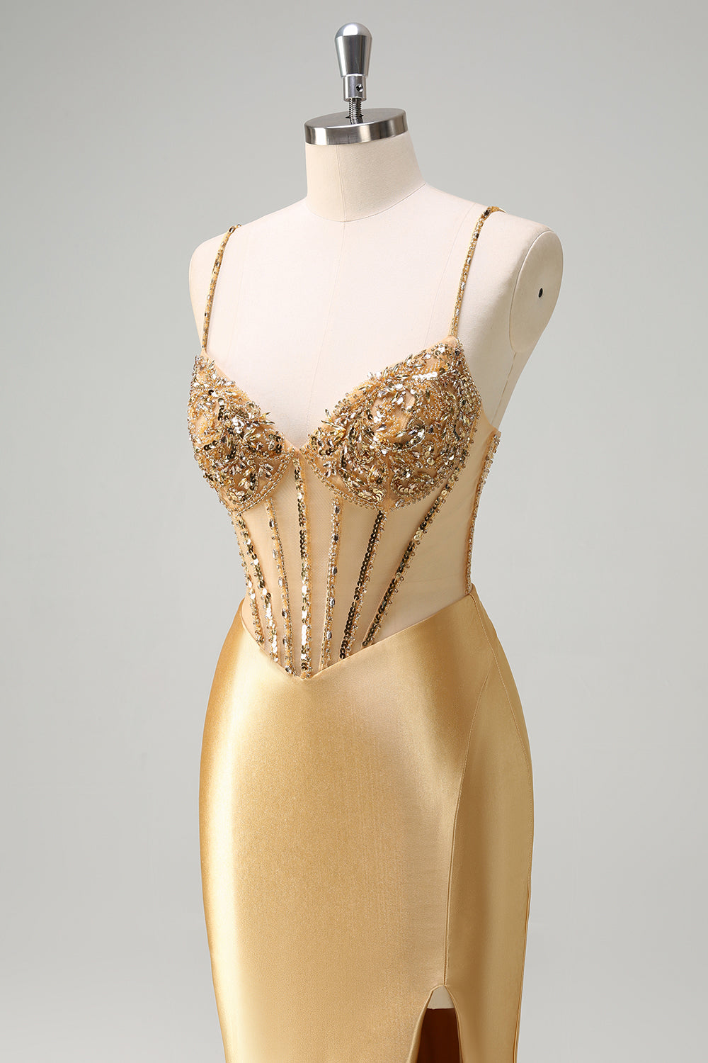 Long Corset Prom Dress with Sparkly Gold Mermaid Spaghetti Straps and Slit