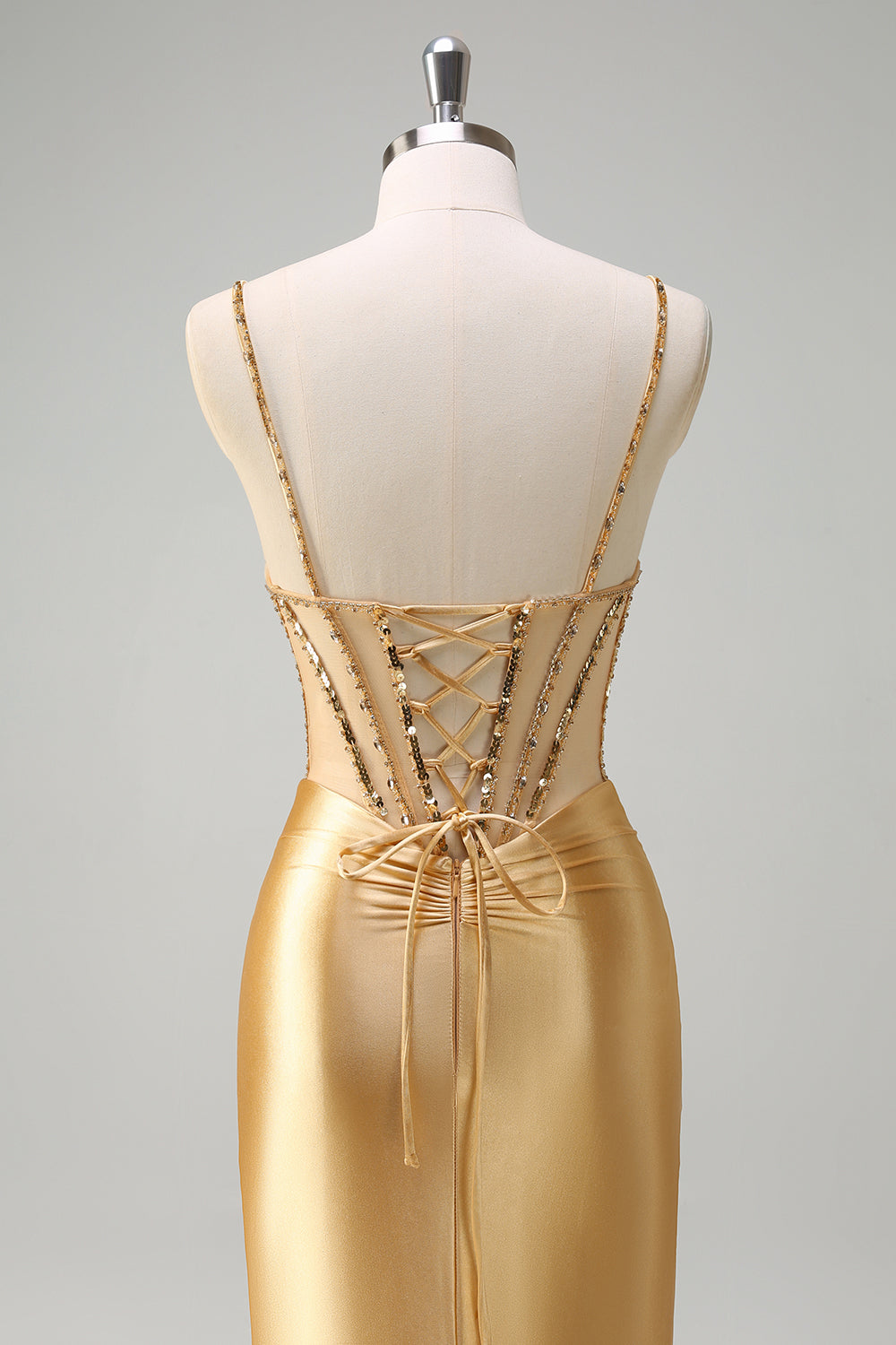 Metallic Long Corset Prom Dress with Golden Mermaid Spaghetti Straps and Beading