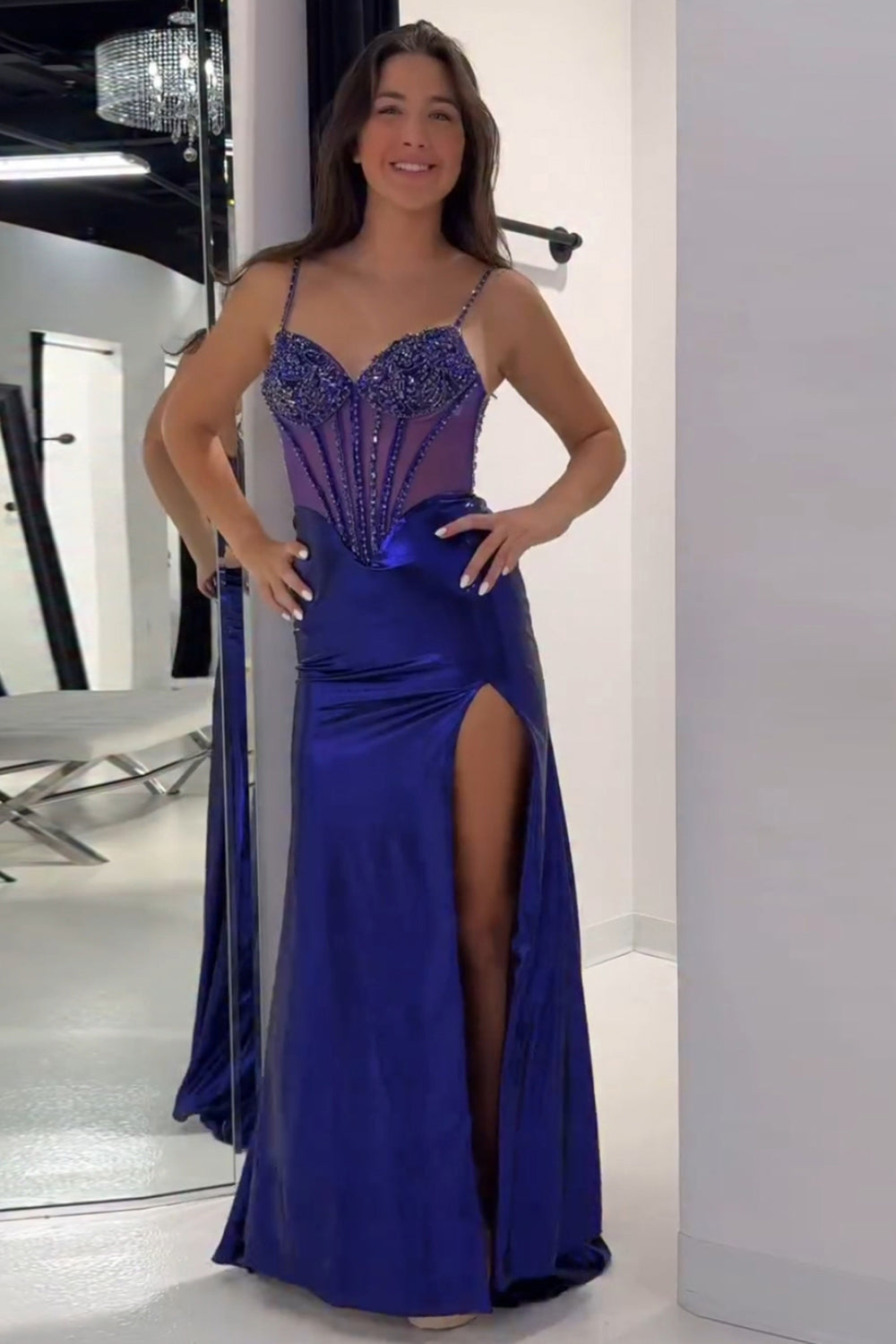 Metallic Long Corset Prom Dress with Golden Mermaid Spaghetti Straps and Beading