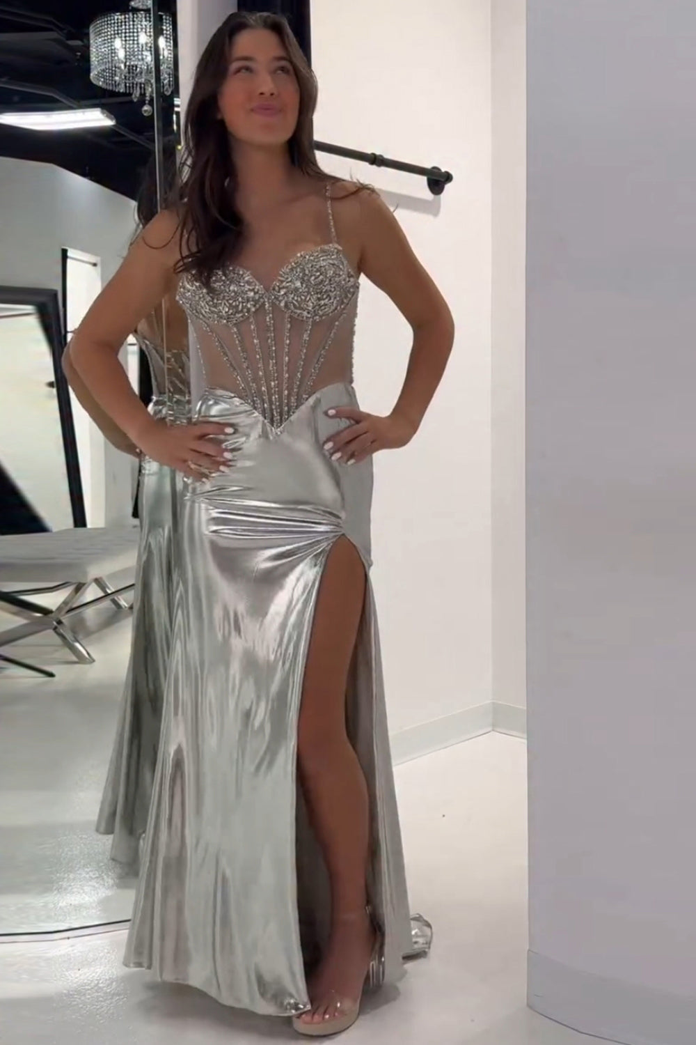 Metallic Long Corset Prom Dress with Golden Mermaid Spaghetti Straps and Beading