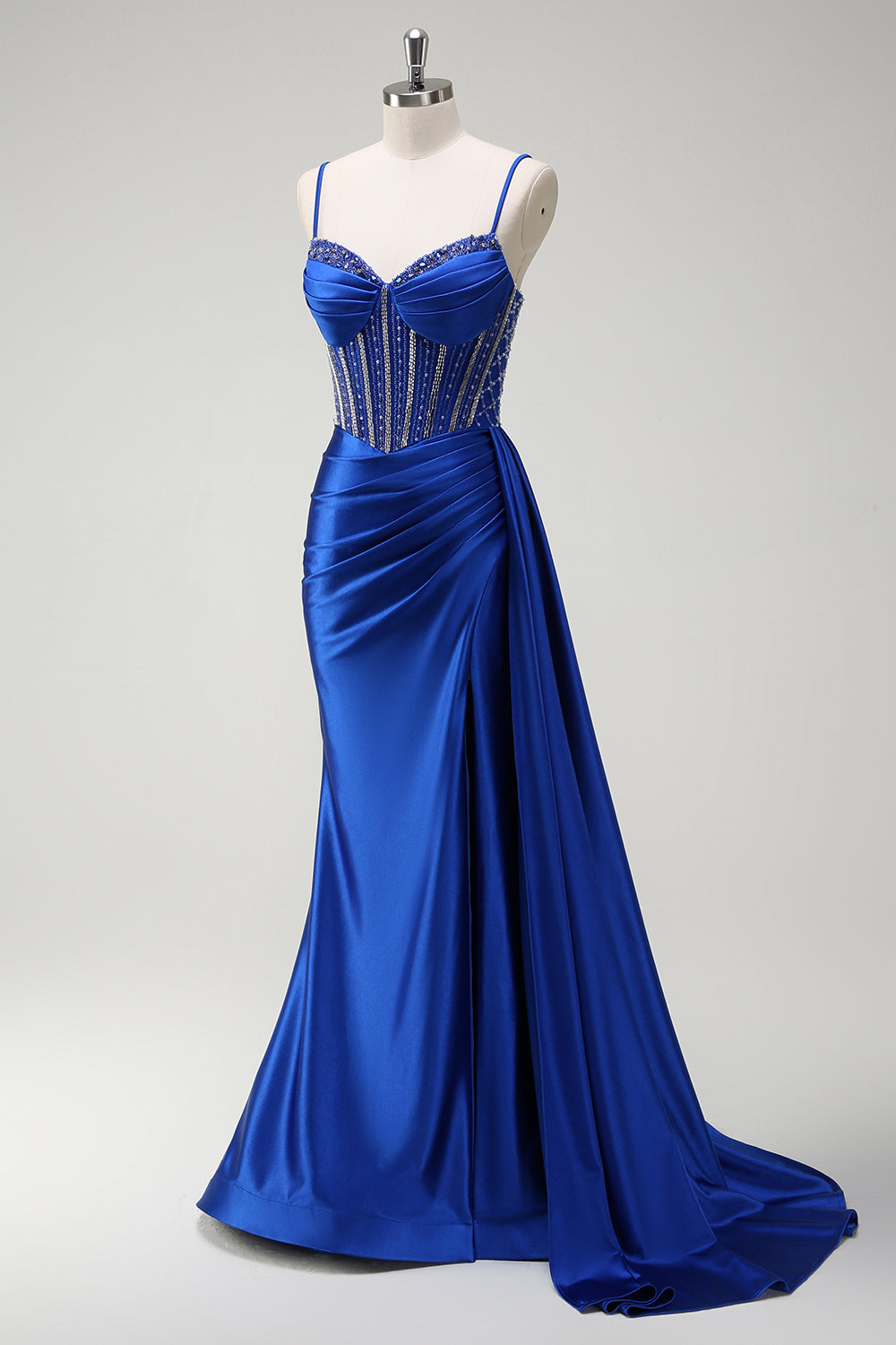 Royal Blue Satin Mermaid Prom Dress with Glitter Beading and Spaghetti Straps