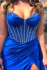 Royal Blue Satin Mermaid Prom Dress with Glitter Beading and Spaghetti Straps