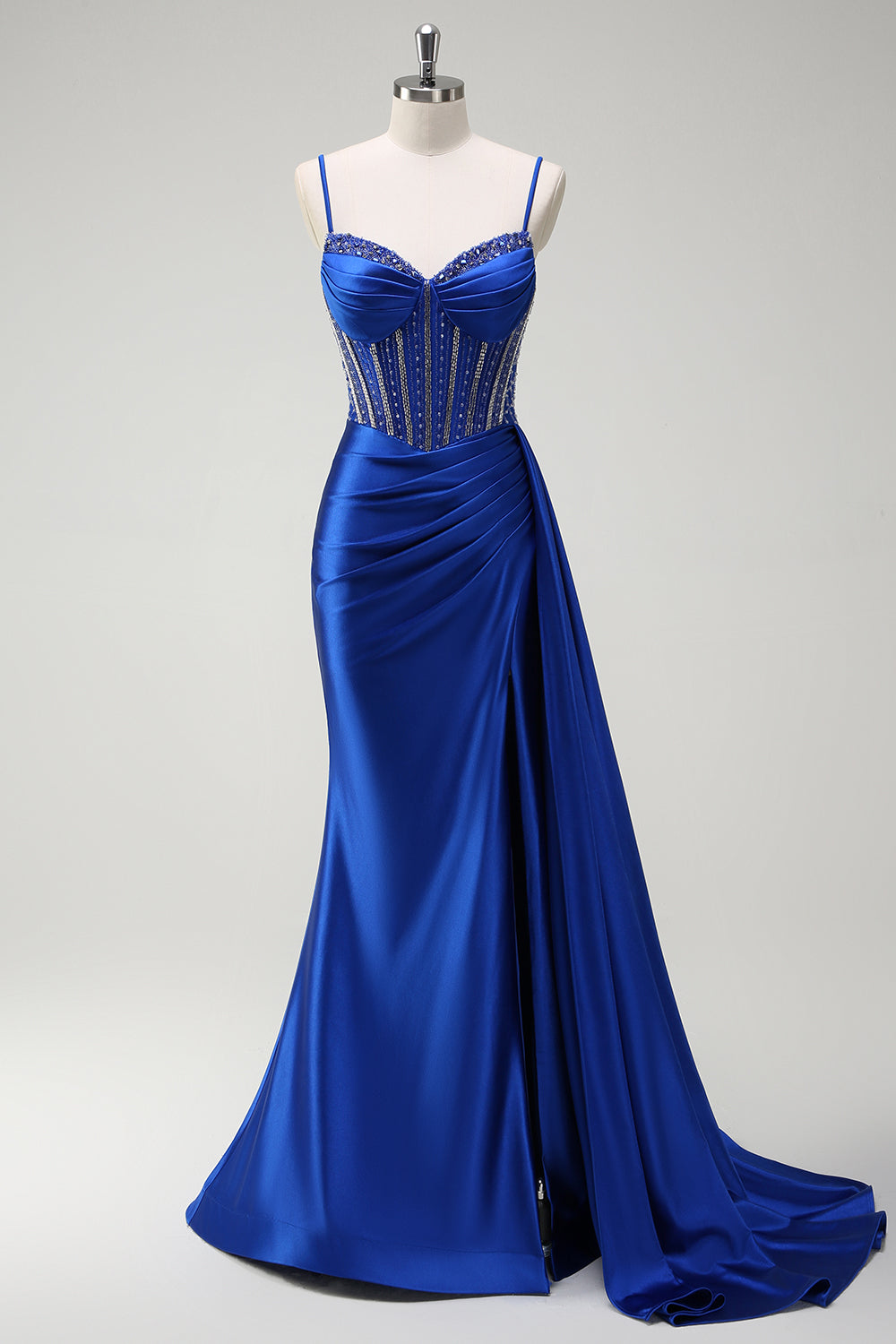Royal Blue Satin Mermaid Prom Dress with Glitter Beading and Spaghetti Straps