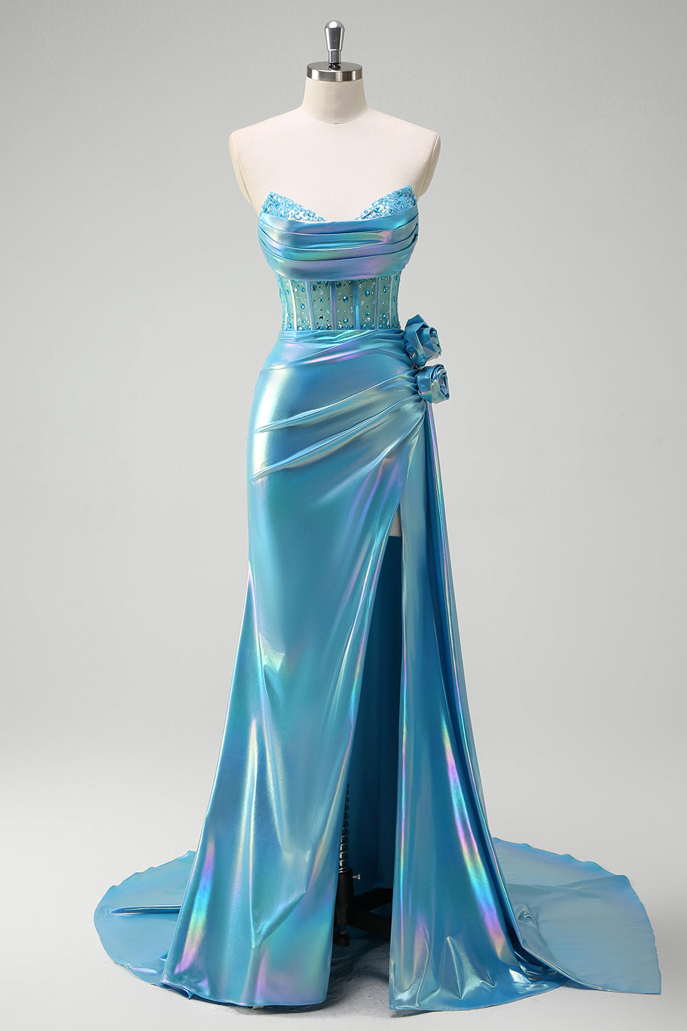 Metallic White Beaded Mermaid Corset Prom Dress with Strapless Cape