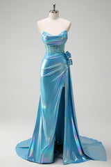 Metallic White Beaded Mermaid Corset Prom Dress with Strapless Cape