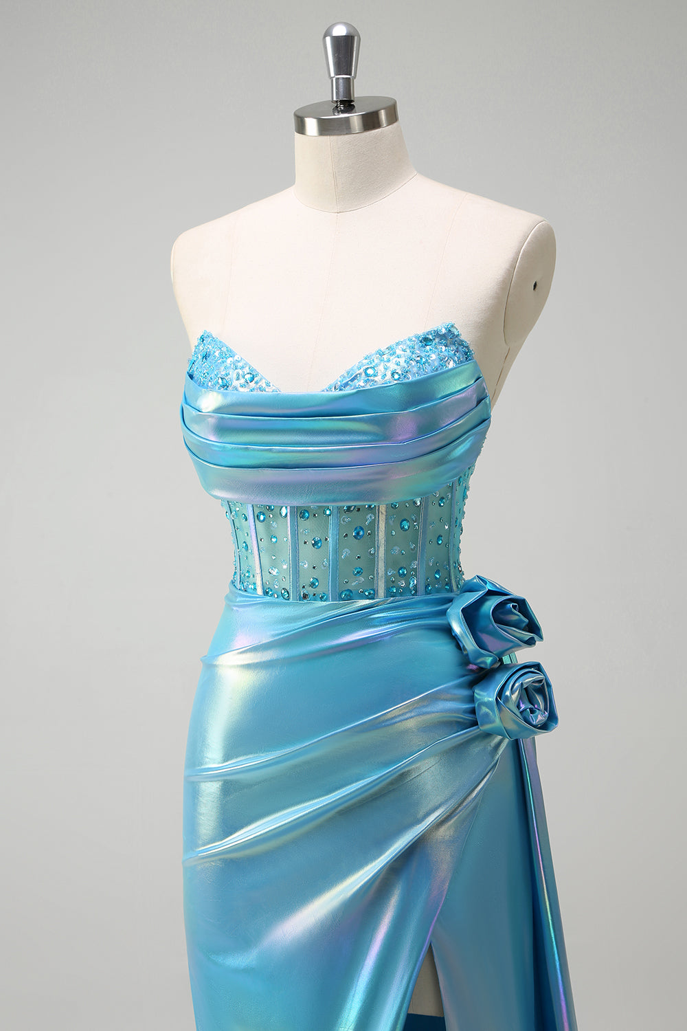 Metallic White Beaded Mermaid Corset Prom Dress with Strapless Cape
