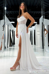 Metallic White Beaded Mermaid Corset Prom Dress with Strapless Cape