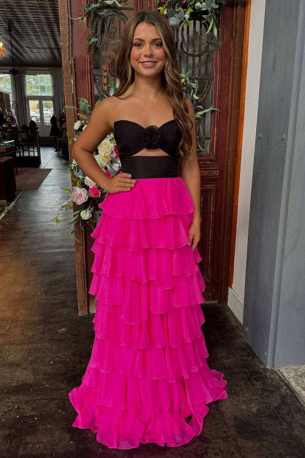 Long A Line Strapless Chiffon Prom Dress in Green with Tiered Design and Slit