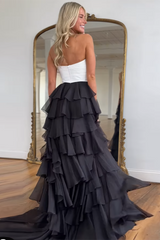 Sweetheart Chiffon A-Line Long Prom Dress in Black and White with Tiered Slit