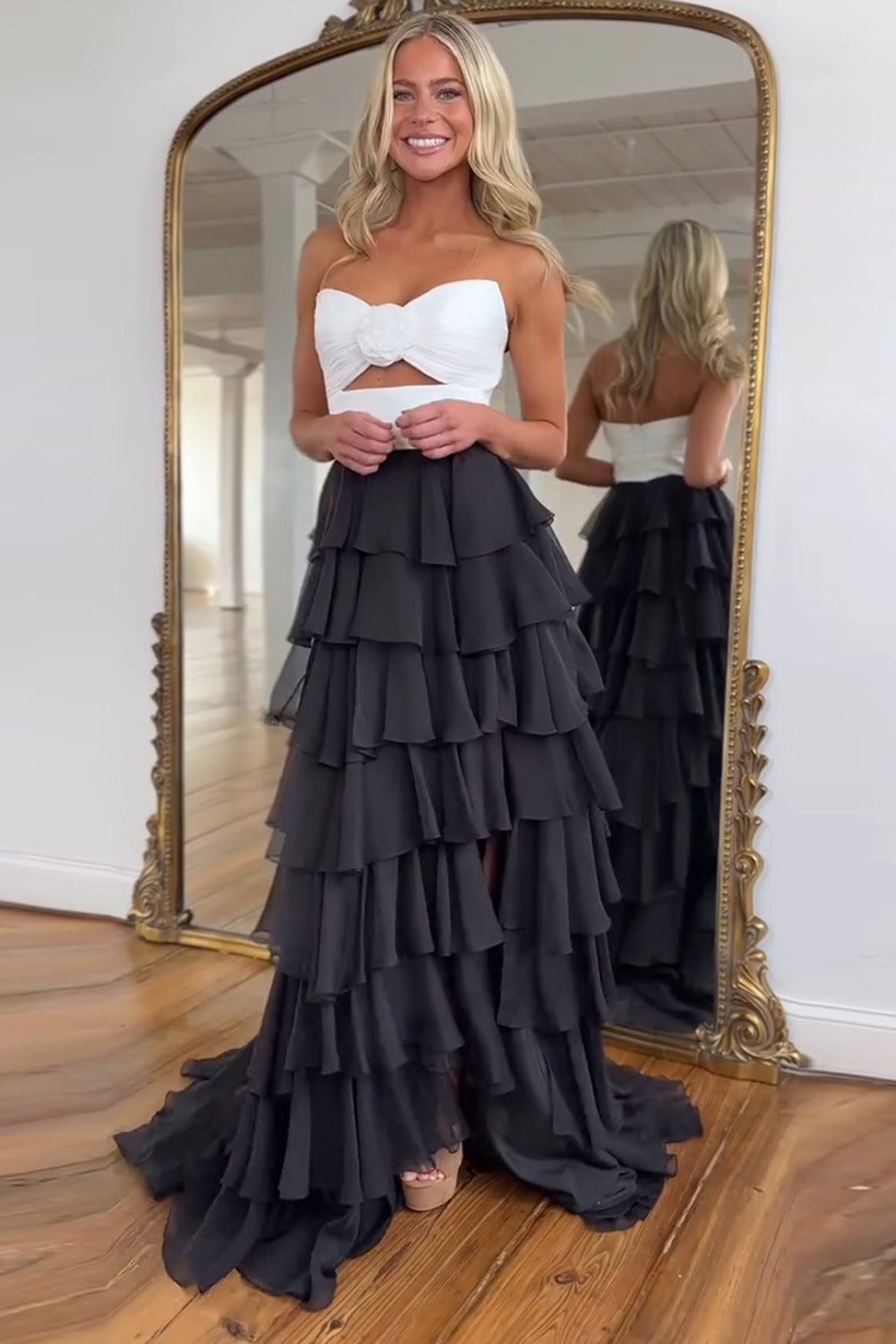 Sweetheart Royal Blue Chiffon Long Prom Dress with Slit in A-Line Tiered Design