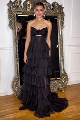 Long A Line Strapless Chiffon Prom Dress in Green with Tiered Design and Slit