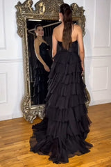 Long Black Sweetheart Chiffon Prom Dress with A-Line Tiered Skirt and Slit