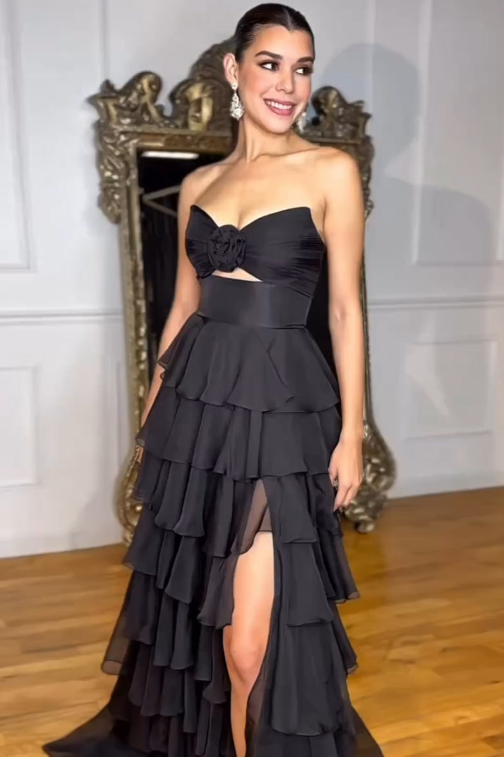 Long Black Sweetheart Chiffon Prom Dress with A-Line Tiered Skirt and Slit