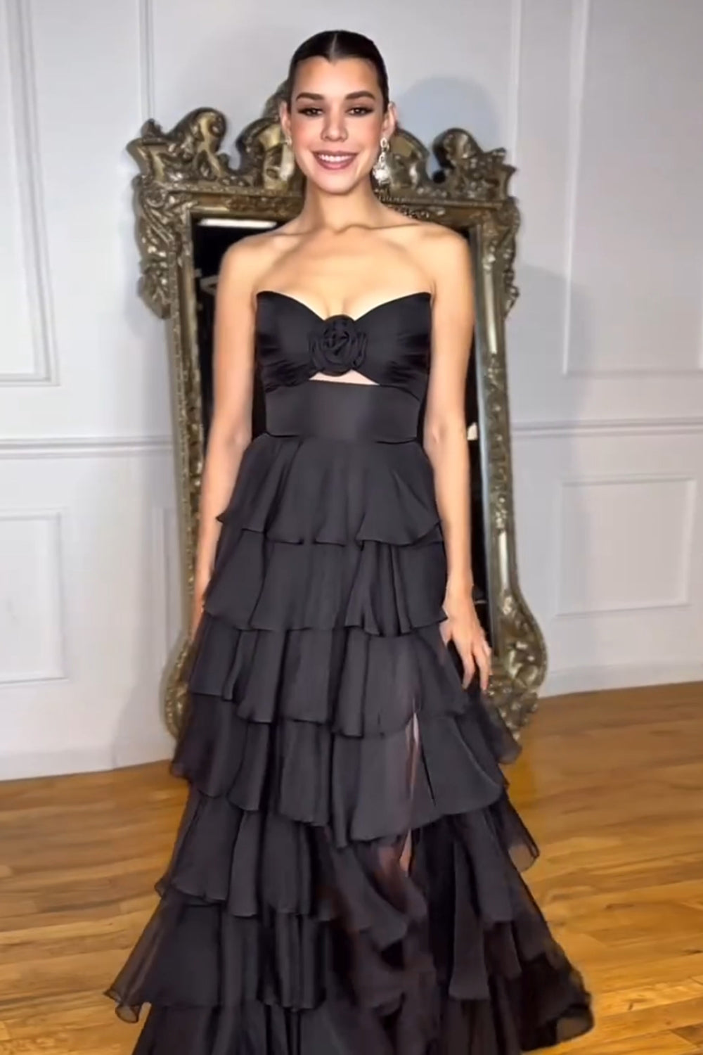 Long A-Line Ruffled Prom Dress in Coral Chiffon with Sweetheart Neckline and Slit