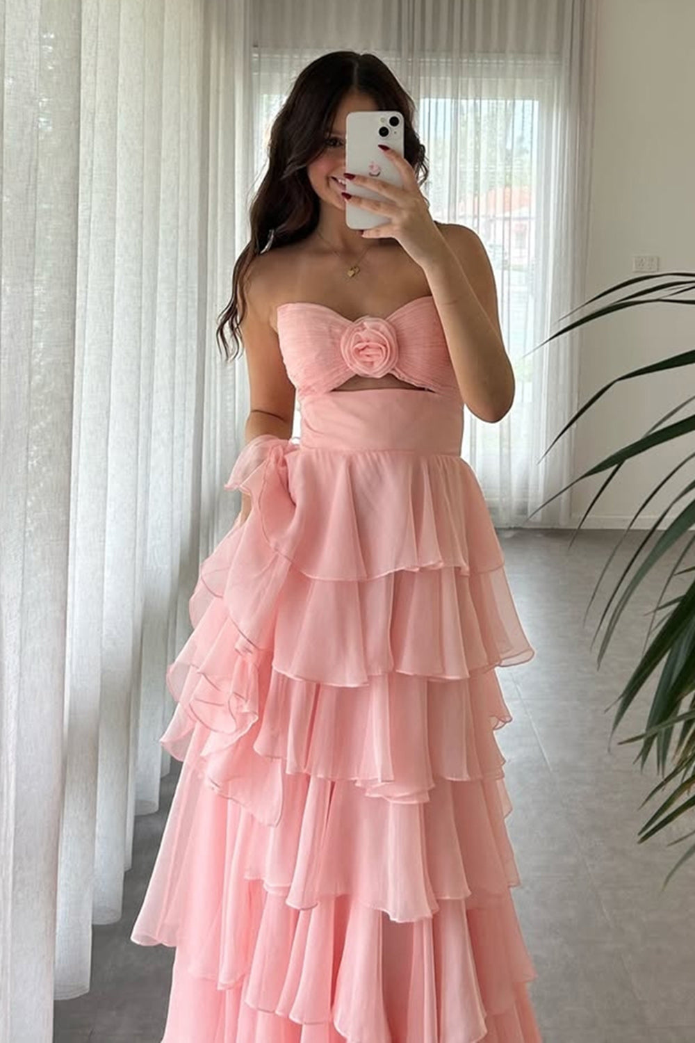 Long A-Line Ruffled Prom Dress in Coral Chiffon with Sweetheart Neckline and Slit