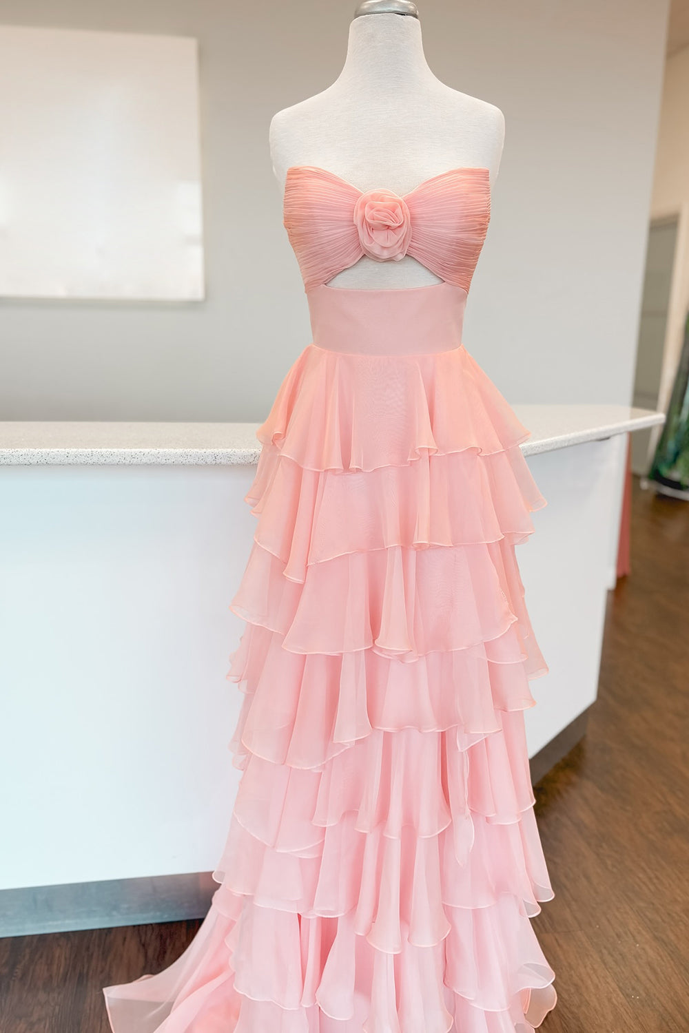 Long A-Line Ruffled Prom Dress in Coral Chiffon with Sweetheart Neckline and Slit