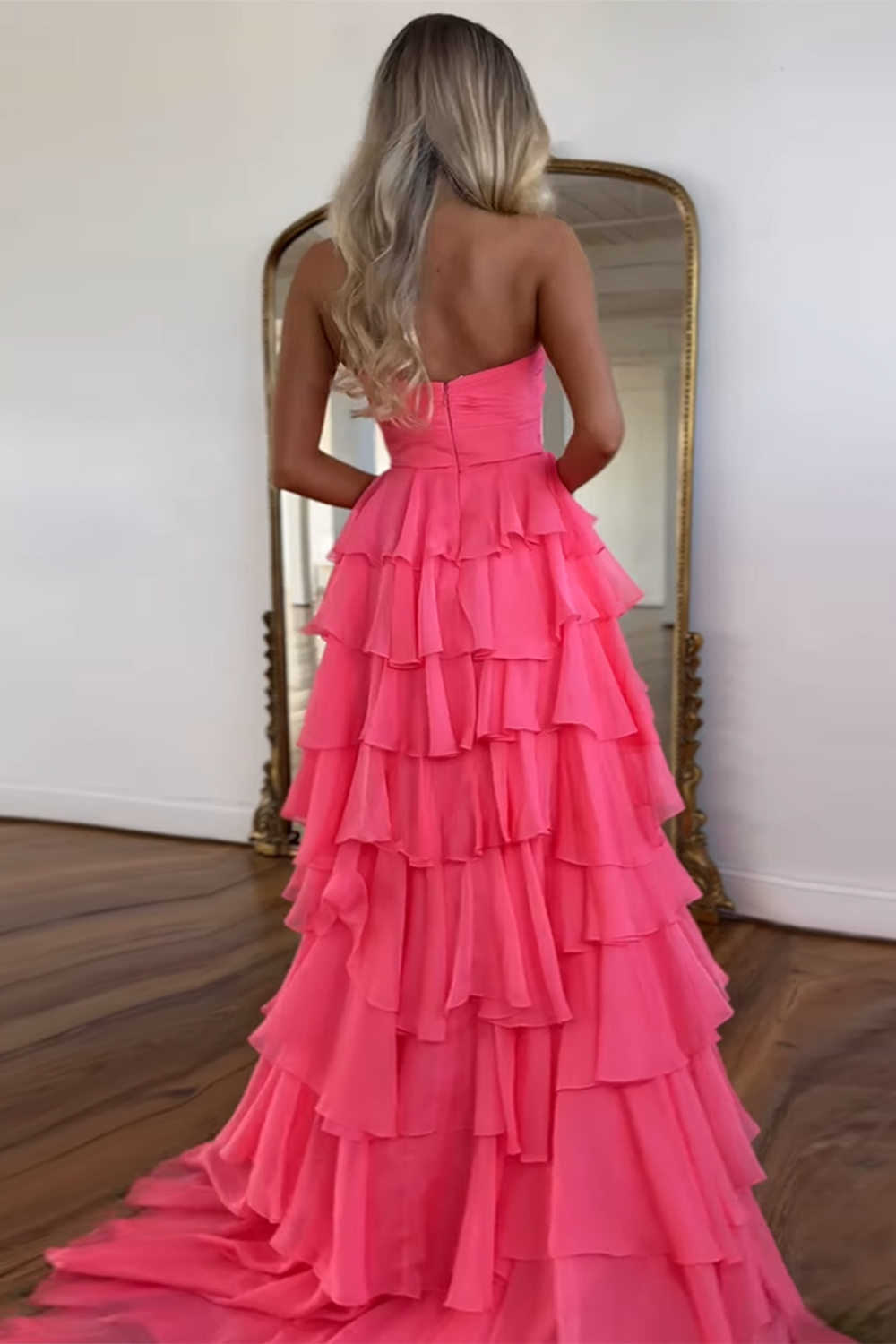 Long A-Line Ruffled Prom Dress in Coral Chiffon with Sweetheart Neckline and Slit