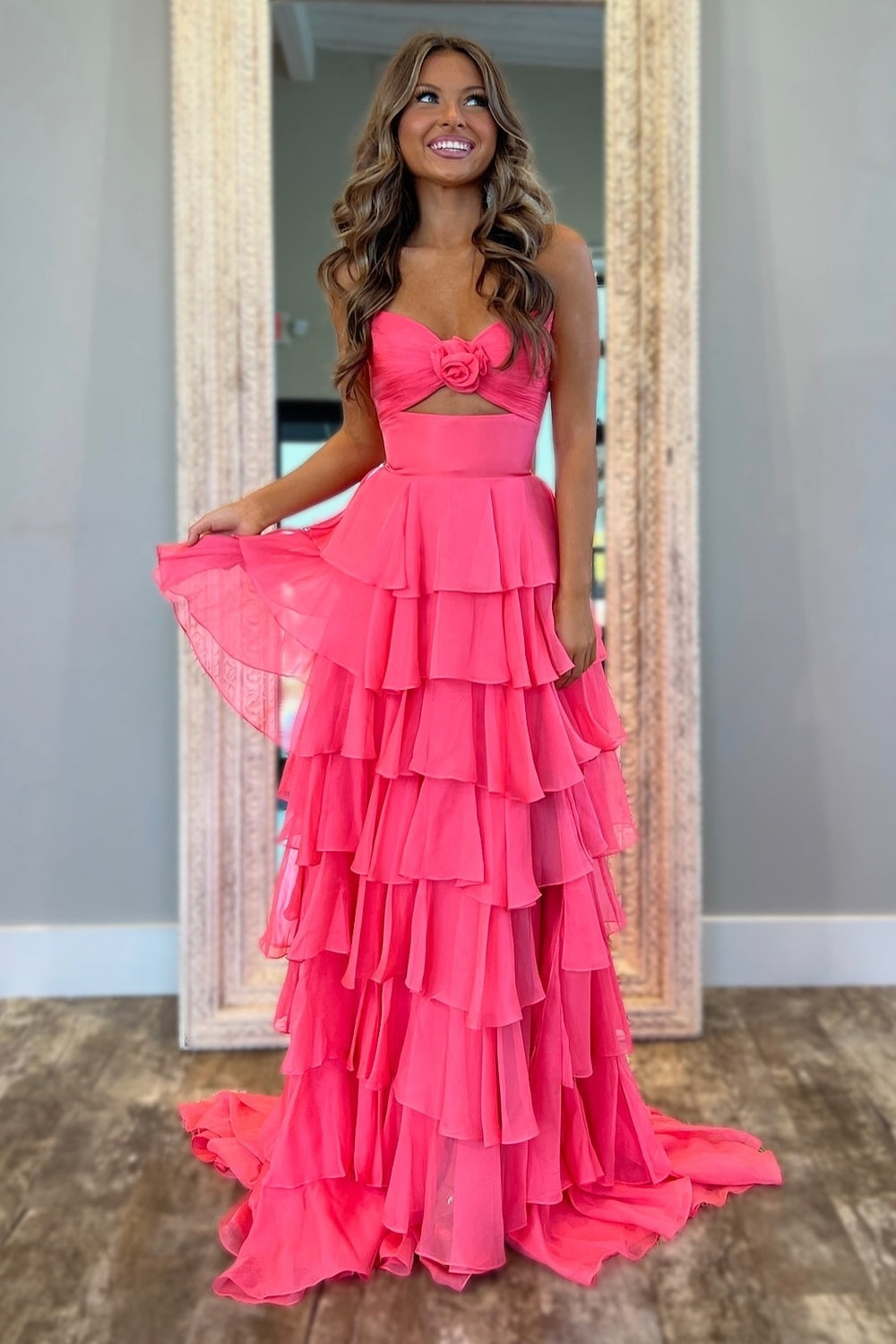 Long Black Sweetheart Chiffon Prom Dress with A-Line Tiered Skirt and Slit