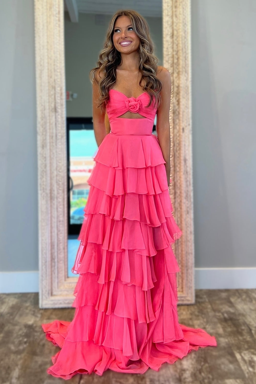 Long A Line Strapless Chiffon Prom Dress in Green with Tiered Design and Slit