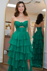 Long A Line Strapless Chiffon Prom Dress in Green with Tiered Design and Slit