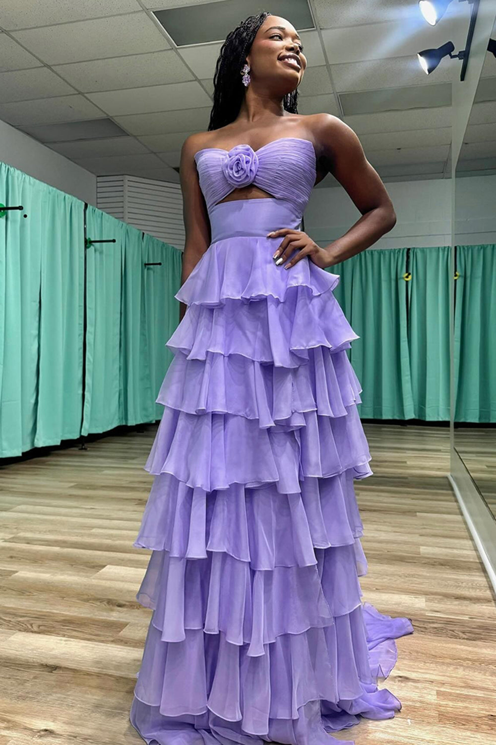 Long A Line Strapless Chiffon Prom Dress in Green with Tiered Design and Slit