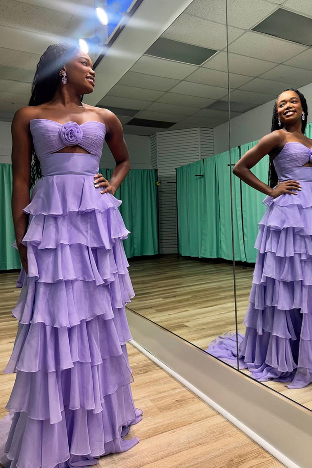 Long A-Line Ruffled Prom Dress in Coral Chiffon with Sweetheart Neckline and Slit