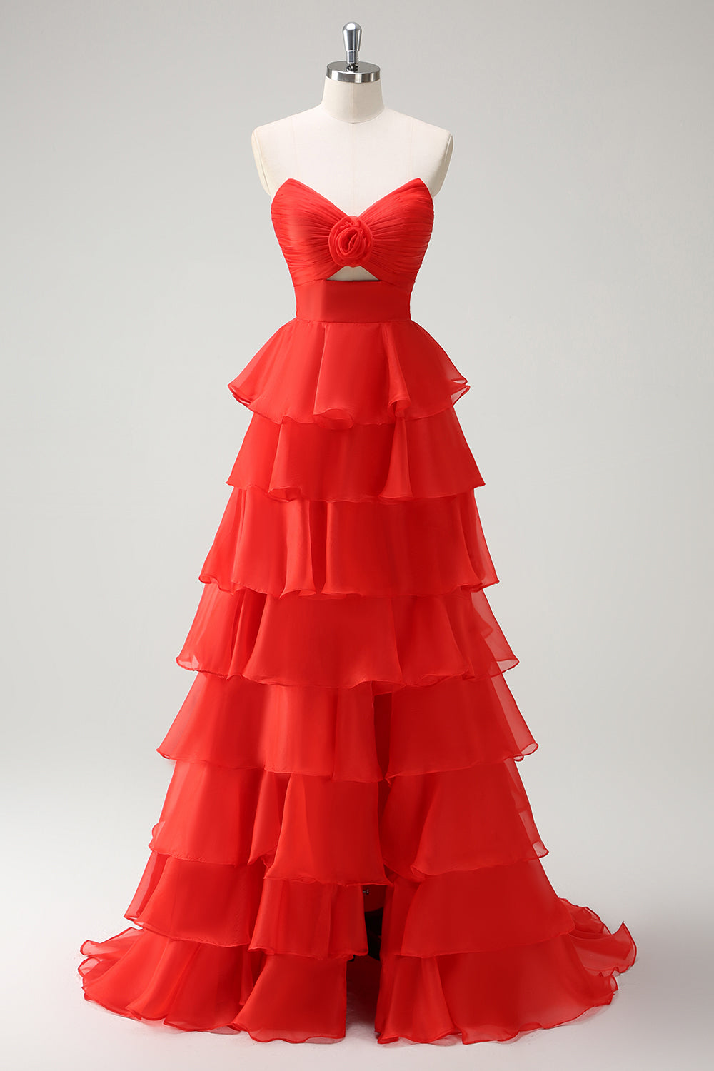 Long A Line Strapless Chiffon Prom Dress in Green with Tiered Design and Slit