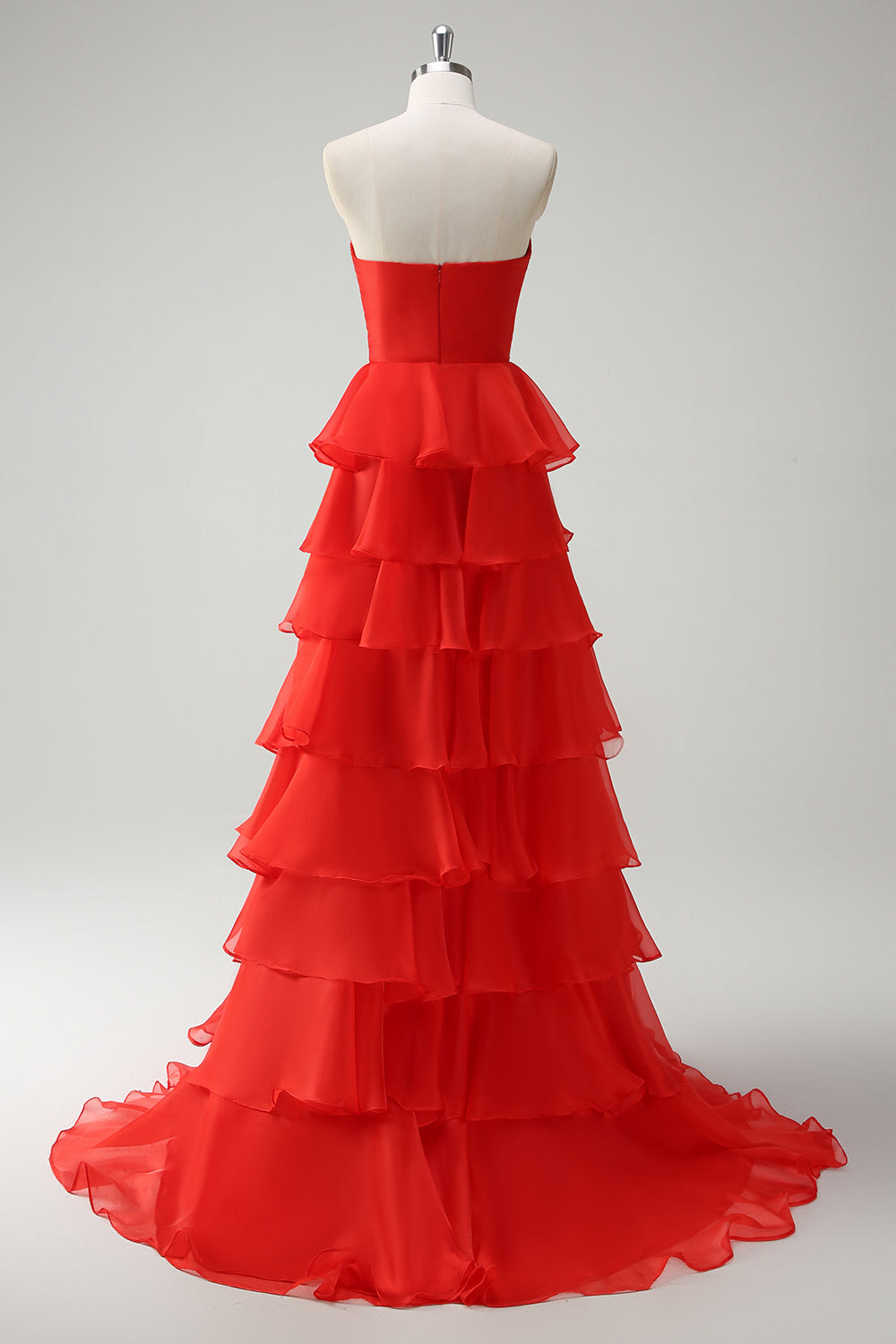 Long A-Line Ruffled Prom Dress in Coral Chiffon with Sweetheart Neckline and Slit