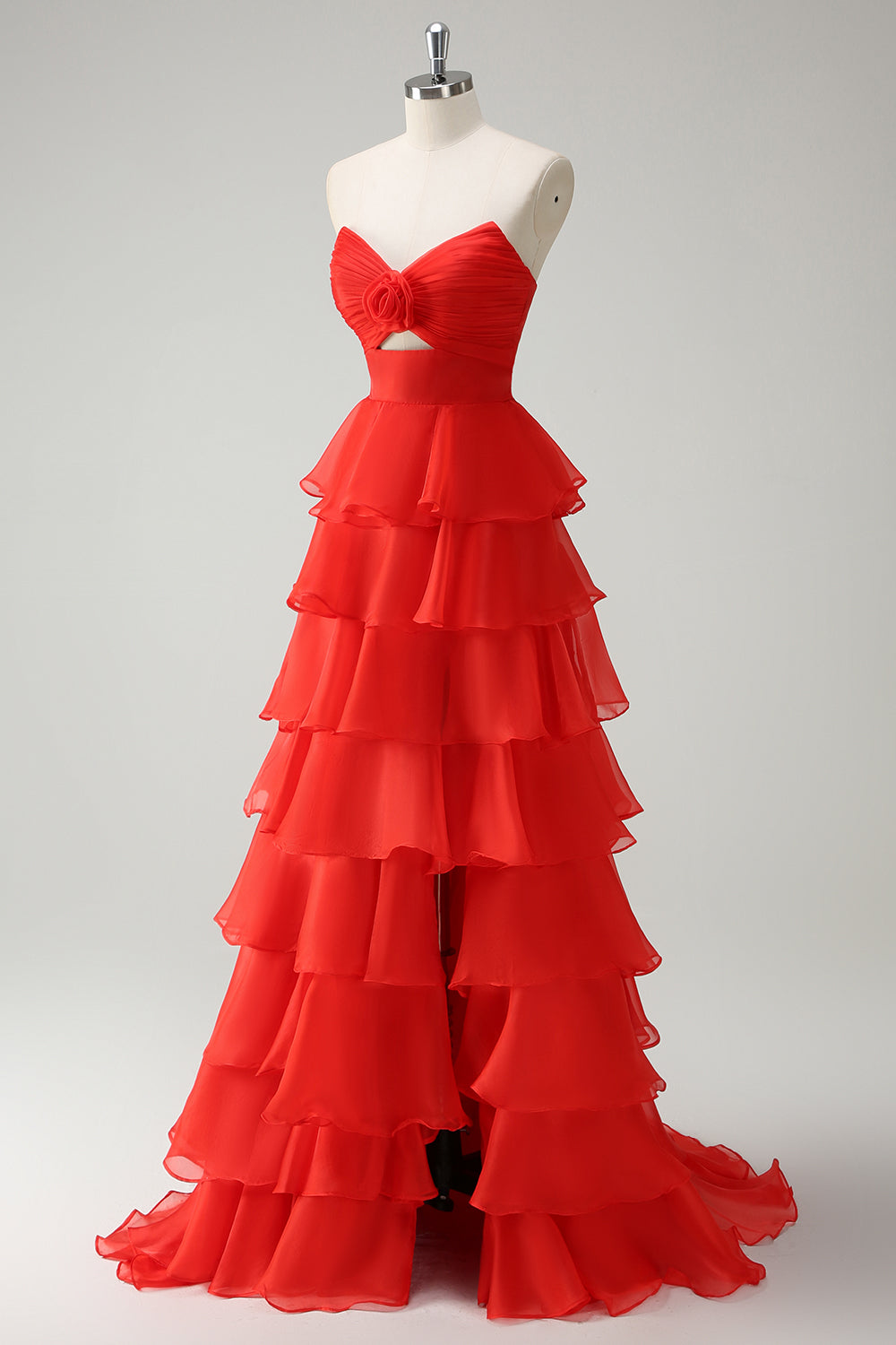 Long Black Sweetheart Chiffon Prom Dress with A-Line Tiered Skirt and Slit