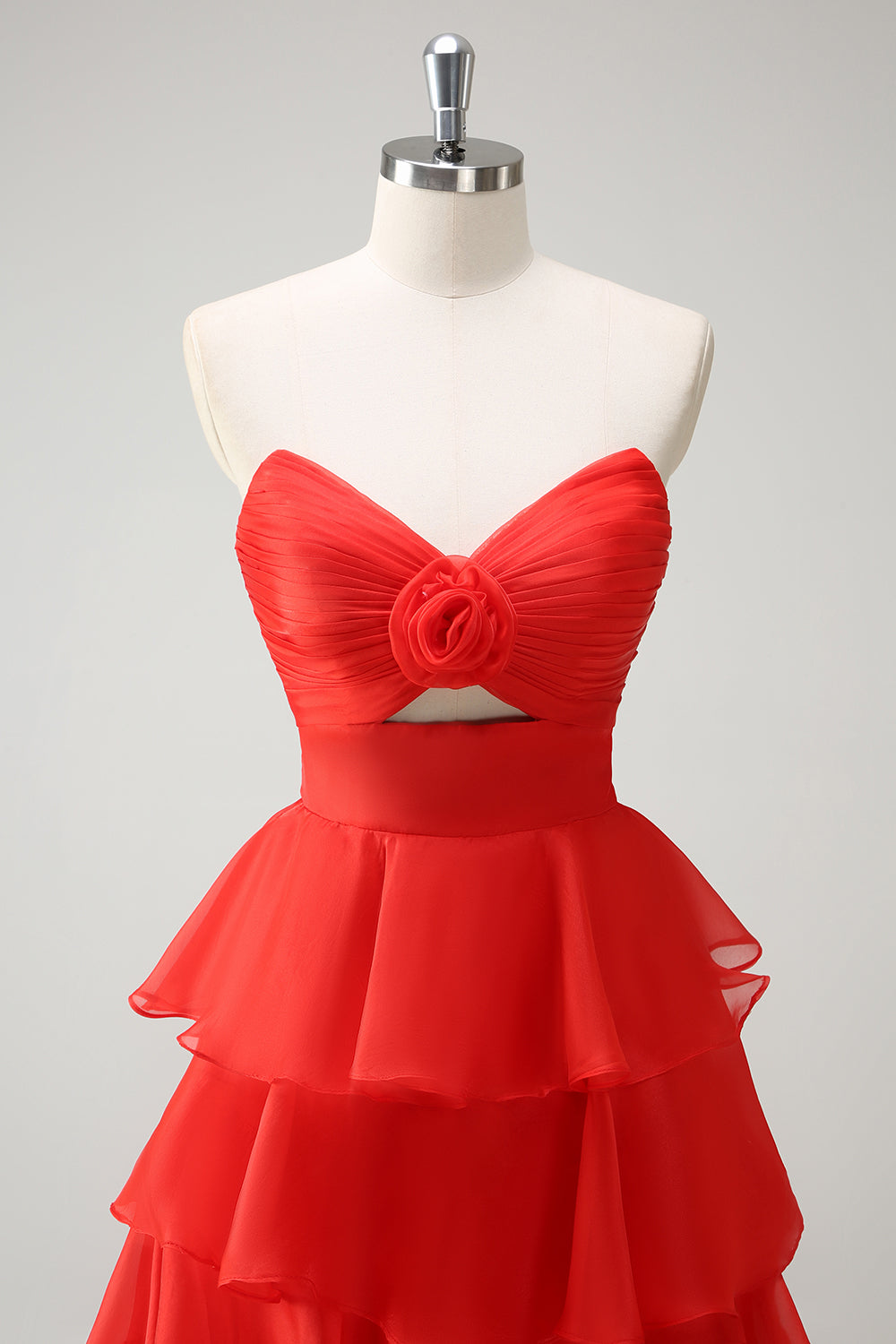 Long A-Line Ruffled Prom Dress in Coral Chiffon with Sweetheart Neckline and Slit