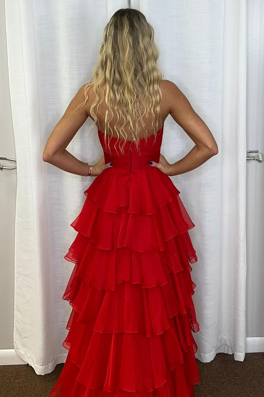 Long A-Line Ruffled Prom Dress in Coral Chiffon with Sweetheart Neckline and Slit