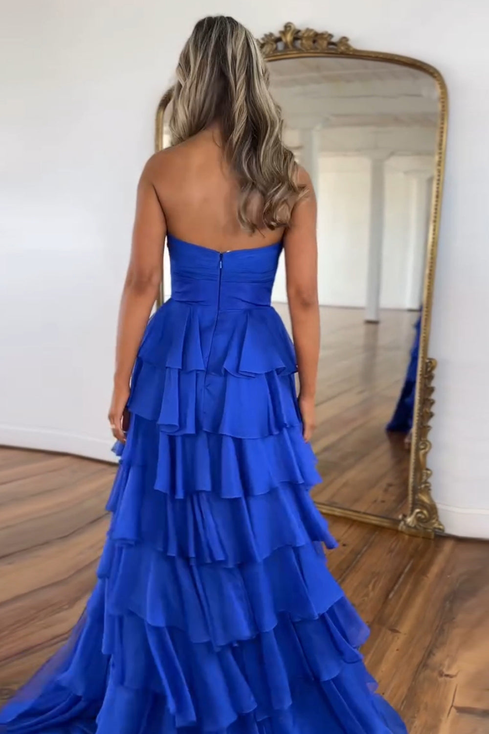 Long A-Line Ruffled Prom Dress in Coral Chiffon with Sweetheart Neckline and Slit