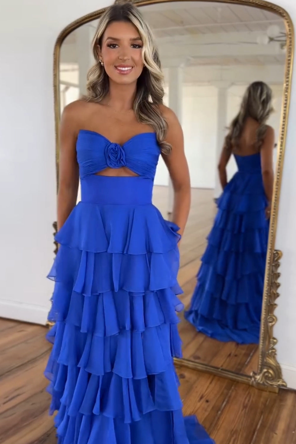 Long Black Sweetheart Chiffon Prom Dress with A-Line Tiered Skirt and Slit