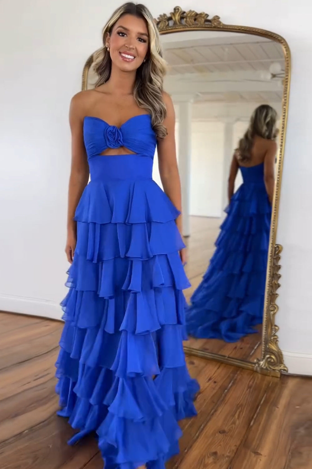 Long A-Line Ruffled Prom Dress in Coral Chiffon with Sweetheart Neckline and Slit