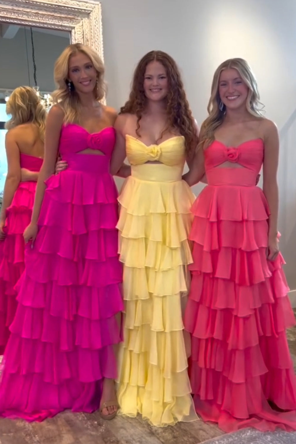 Long A Line Strapless Chiffon Prom Dress in Green with Tiered Design and Slit