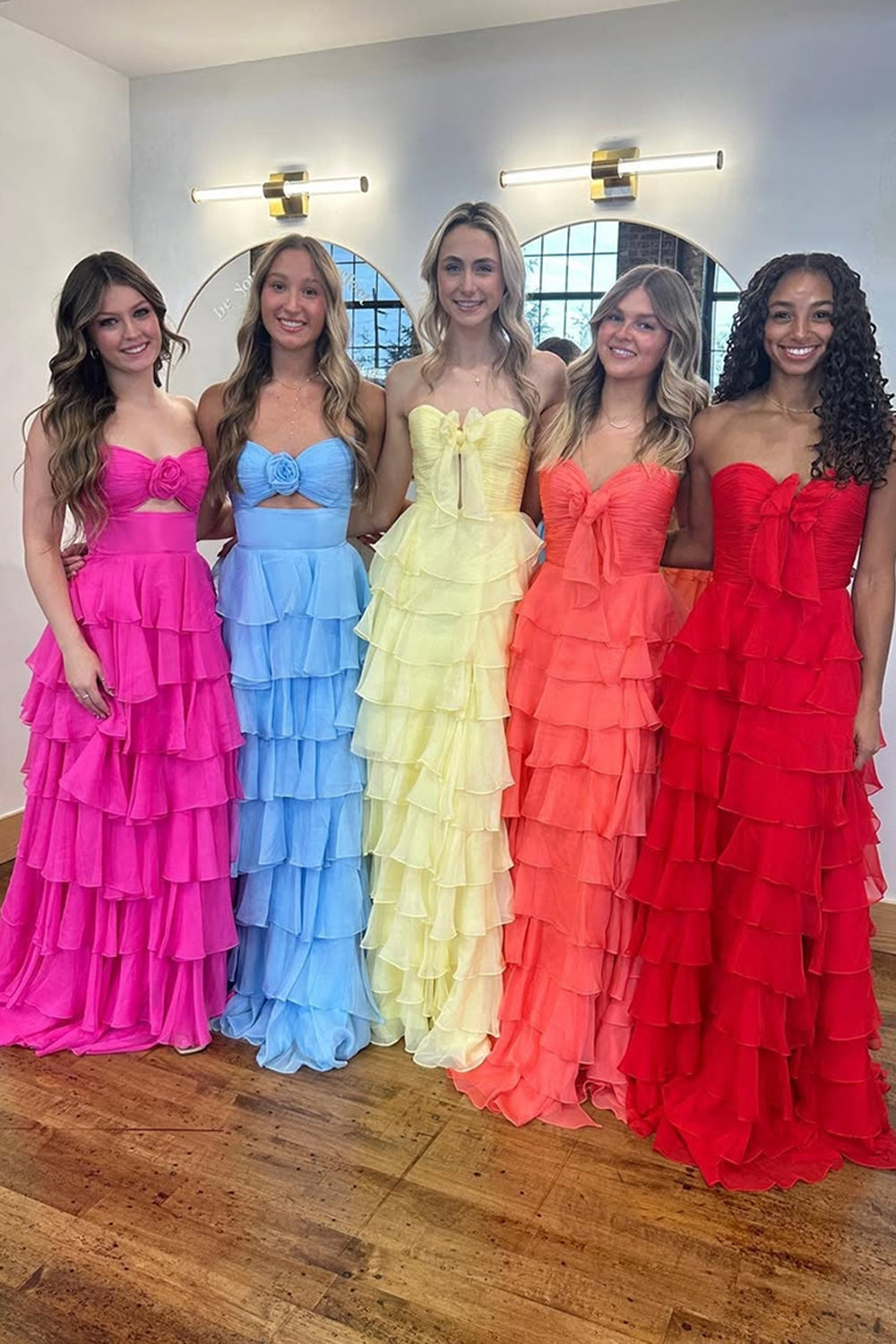 Long A Line Strapless Chiffon Prom Dress in Green with Tiered Design and Slit