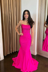 Fuchsia Glitter Mermaid Corset Prom Dress with Beaded Spaghetti Straps and Open Back