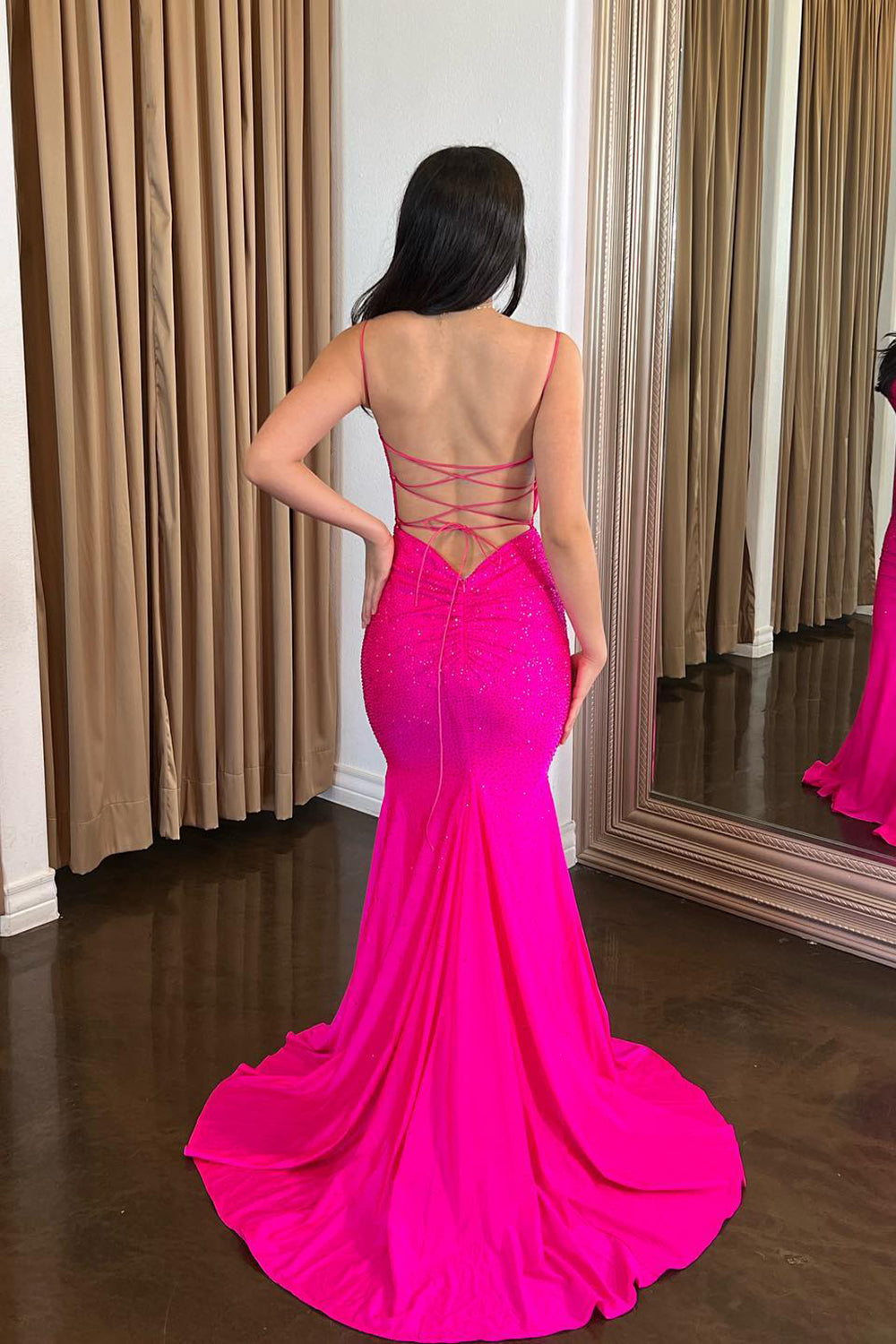 Fuchsia Glitter Mermaid Corset Prom Dress with Beaded Spaghetti Straps and Open Back