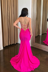 Fuchsia Glitter Mermaid Corset Prom Dress with Beaded Spaghetti Straps and Open Back
