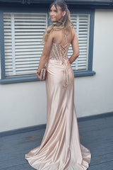 Long Khaki Mermaid Prom Dress with Sparkly Sequins Spaghetti Straps and Satin Corset Featuring a Slit