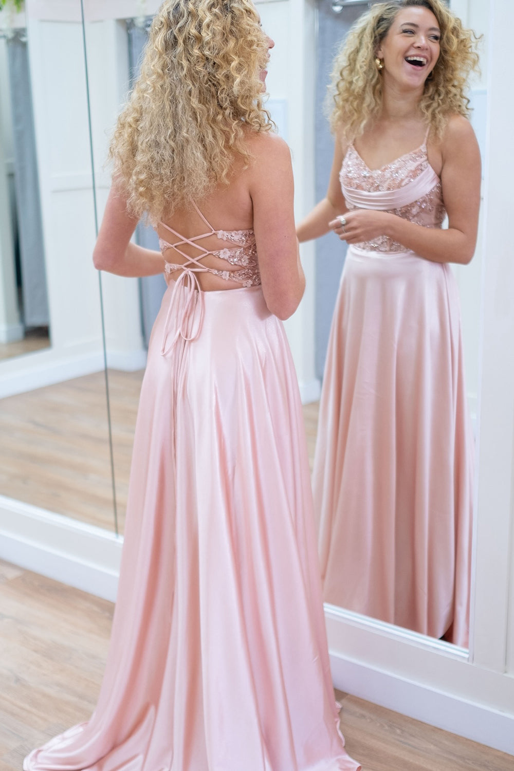 Satin A-Line Long Corset Prom Dress in Pink with Spaghetti Straps and Appliques