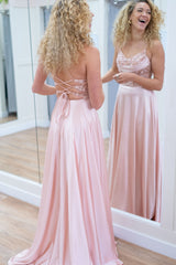 Satin A-Line Long Corset Prom Dress in Pink with Spaghetti Straps and Appliques