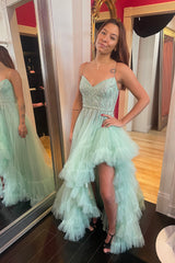 Long A-Line Prom Dress in Sage with Tulle Tiered Skirt Spaghetti Straps and Beading
