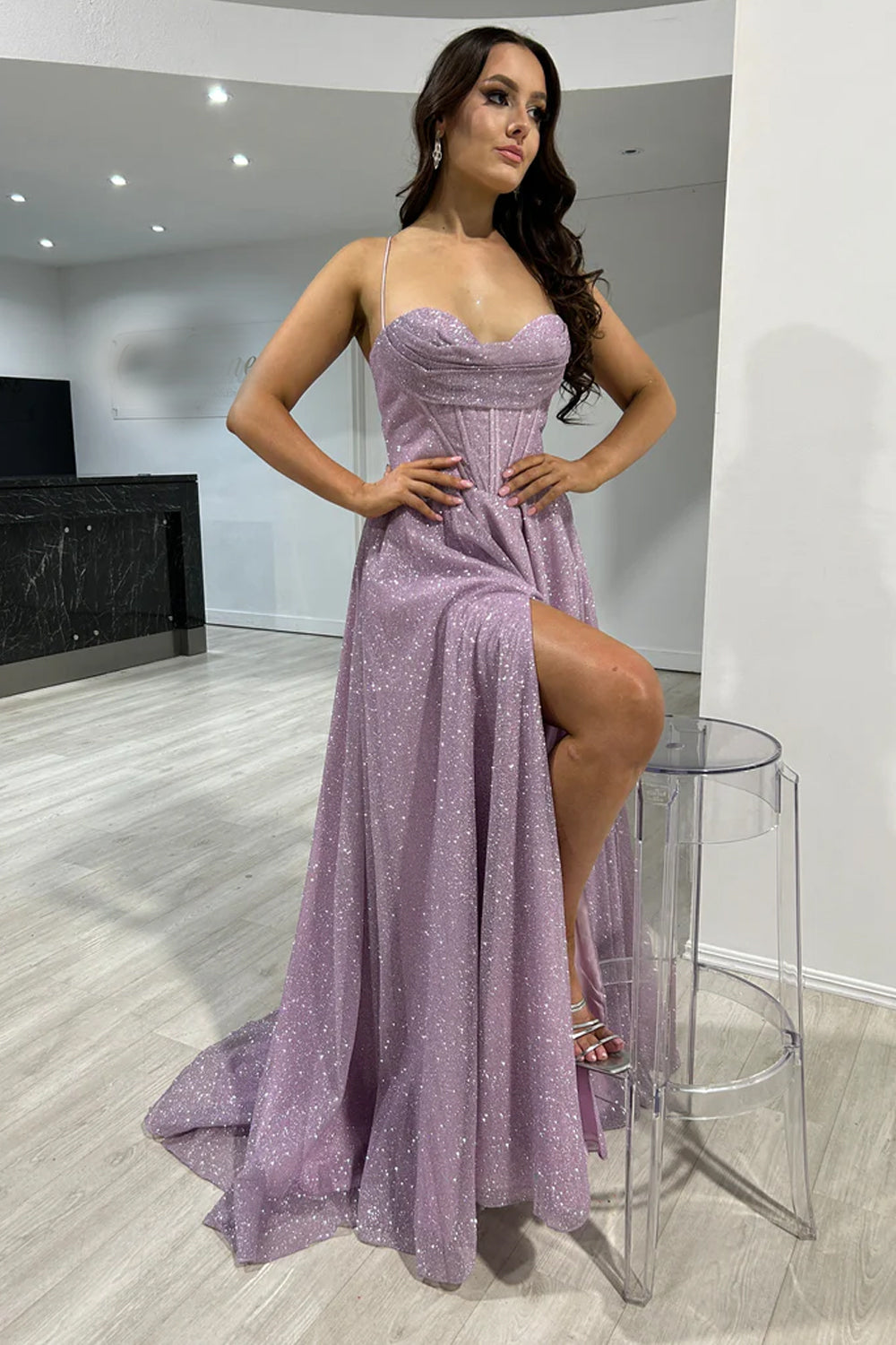 Grey Blue Sparkling Long A-Line Corset Prom Dress with Spaghetti Straps and Slit