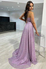 Grey Blue Sparkling Long A-Line Corset Prom Dress with Spaghetti Straps and Slit