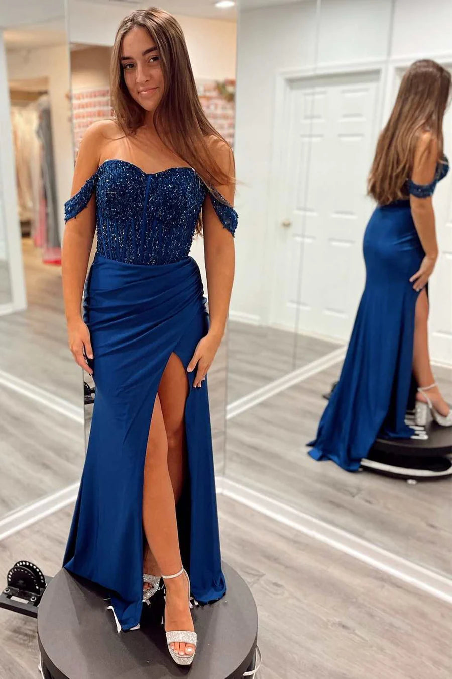 Long Navy Satin Mermaid Corset Prom Dress with Sequins Off the Shoulder