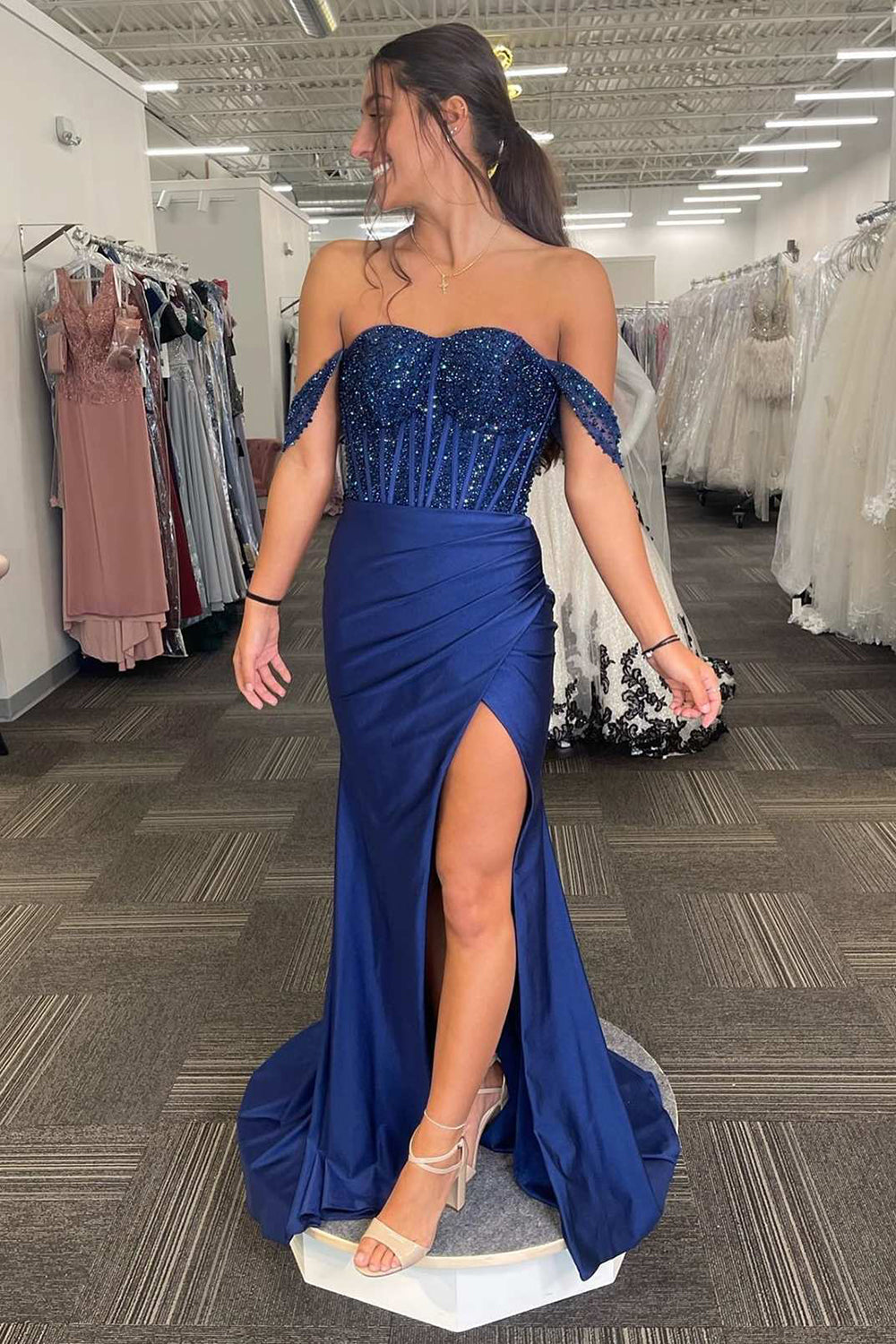 Long Navy Satin Mermaid Corset Prom Dress with Sequins Off the Shoulder