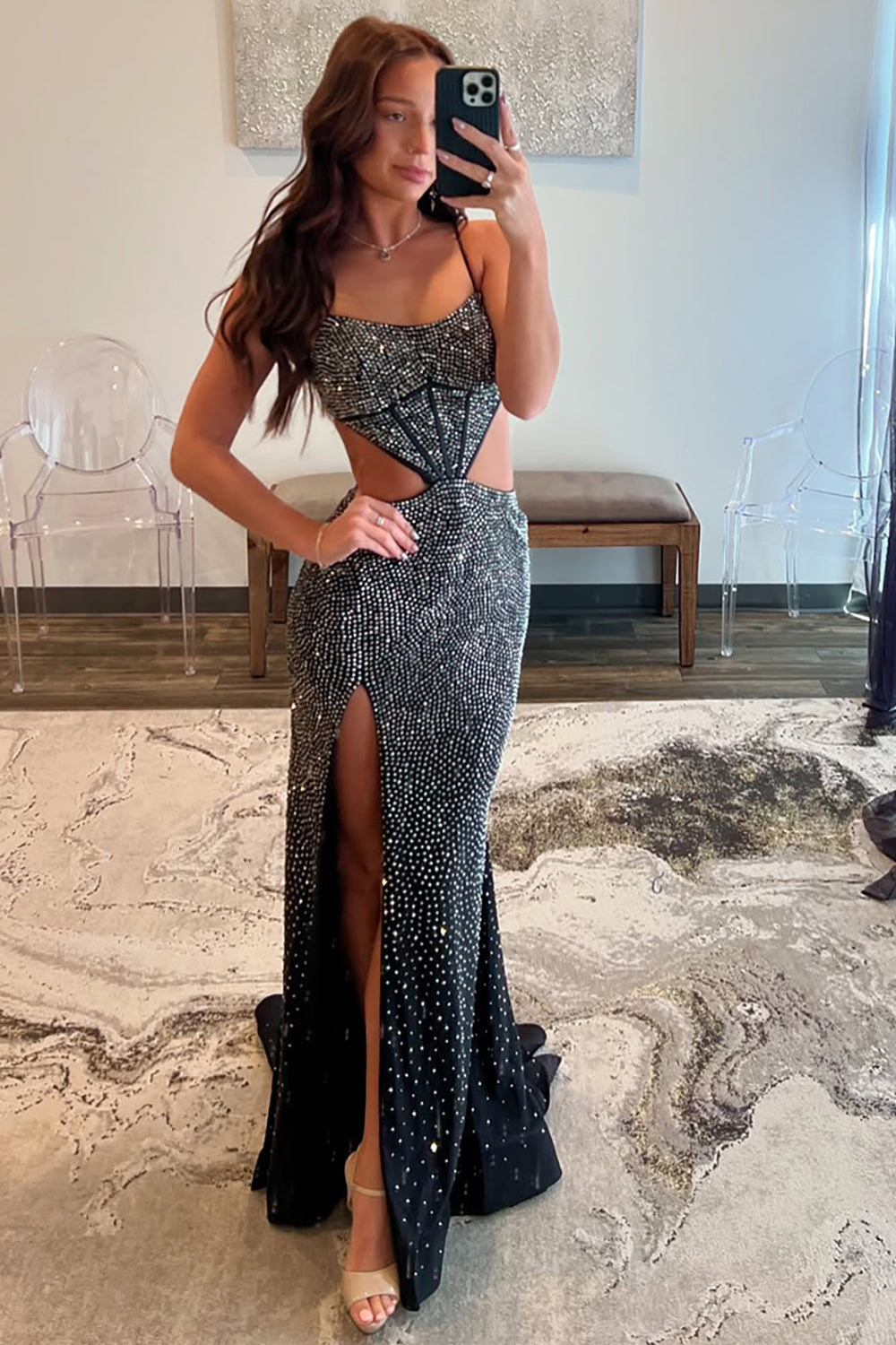 Long Mermaid Prom Dress with Sparkly Red Spaghetti Straps and Beaded Cut-outs