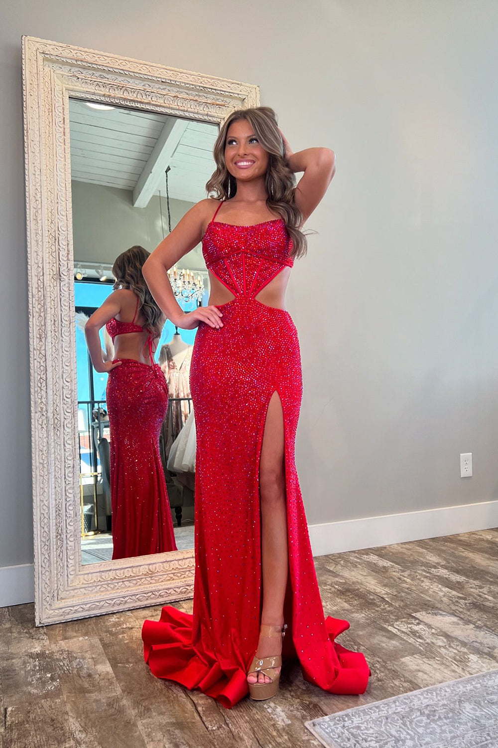 Long Mermaid Prom Dress with Sparkly Red Spaghetti Straps and Beaded Cut-outs